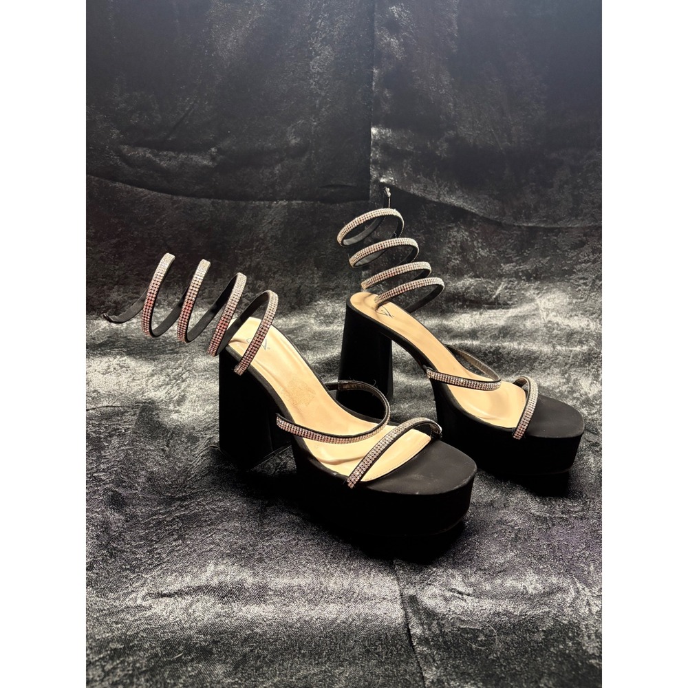 Windsor Black Rhinestone Spiral Wrap Around Platform Block Heels Sandals Size 9